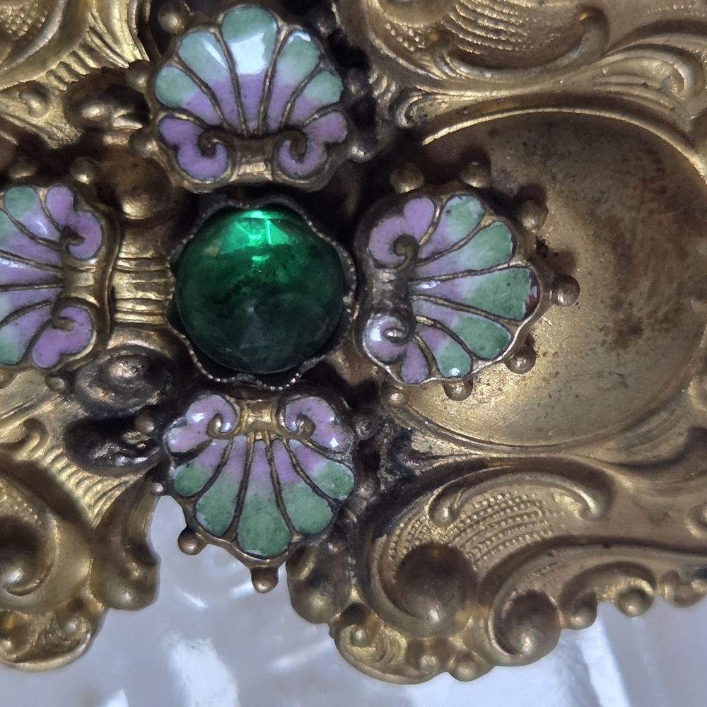 Antique Brass Metalwork 2 Piece Belt Buckle w/Green/Purple Gem Embellishments